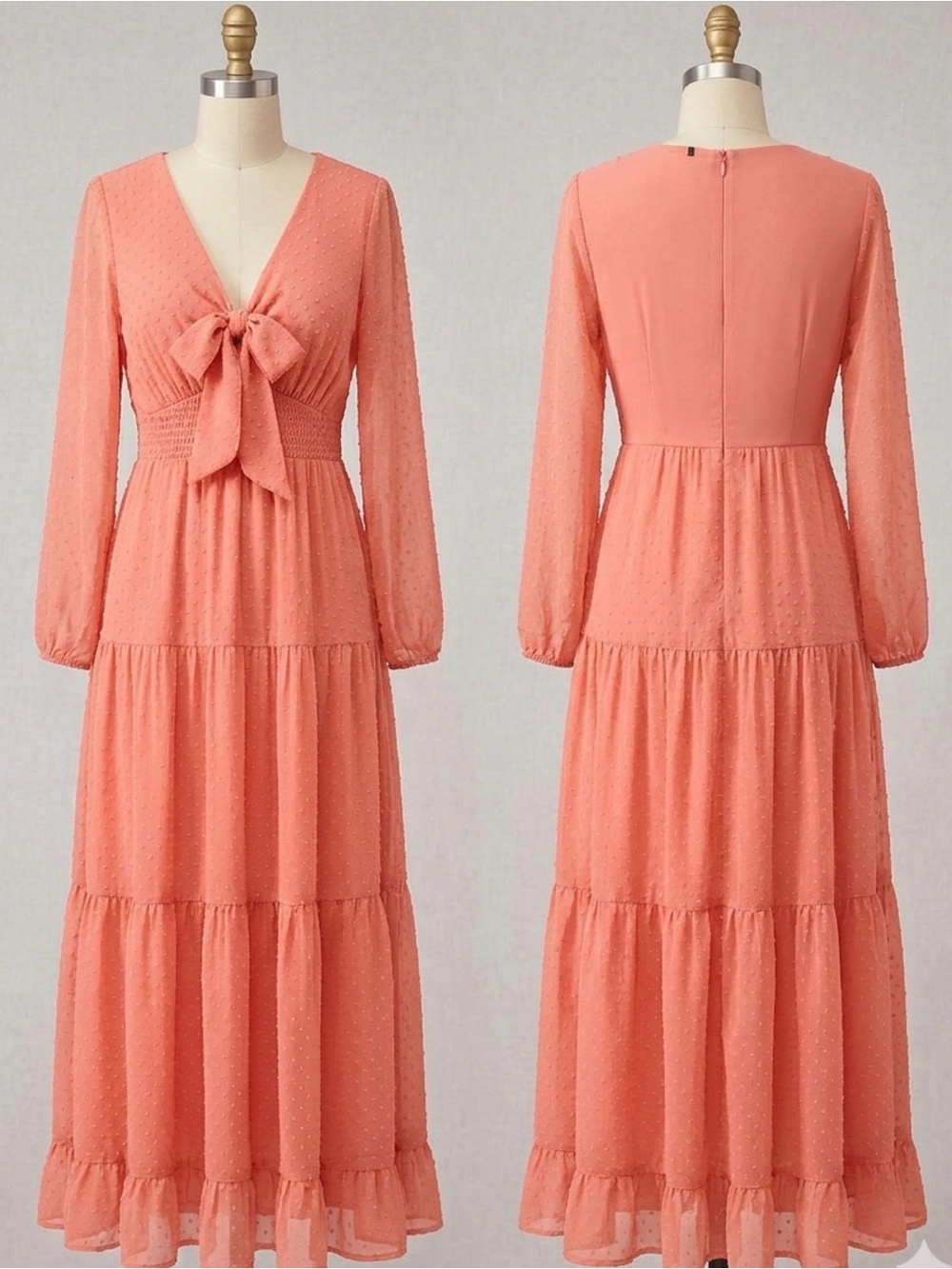 Women Elegant Coral Long-Sleeve Tie-Front Maxi Dress Medium